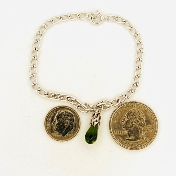 Estate Sterling Silver 925 Charm Bracelet with Peridot Dangle, Spring Ring Clasp - Picture 5 of 12